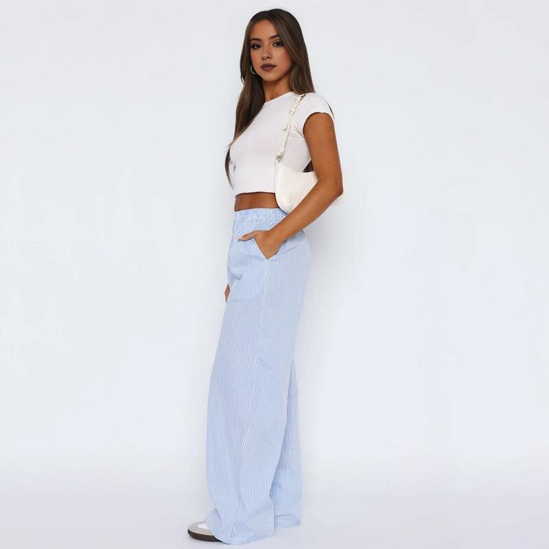 Breathable Wide Leg Pants Elastic High Waist Vertical Striped Print Women's Casual Pants with Pockets Stylish for Streetwear