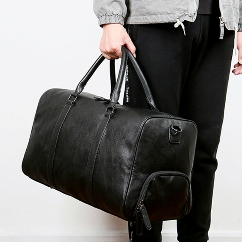남성용 대용량 블랙 여행 가방, 주말 더플 백, PU 가죽 핸드백, 수하물 가방, 어깨 피트니스 짐 가방