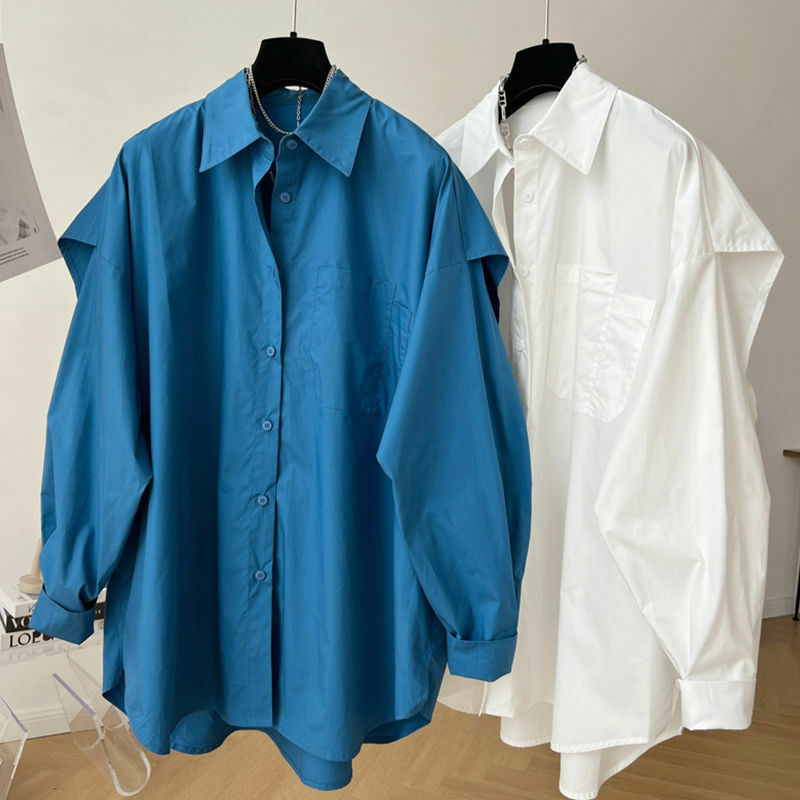QWEEK-Blusa Harajuku de manga comprida de duas peças para mulheres, camisas elegantes e chiques, branca e azul, blusa extragrande, casacos casuais