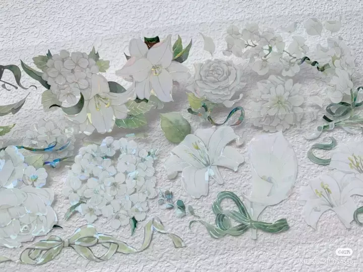 Fita PET floral brilhante, tema do casamento, branco, verde, fita mascaramento
