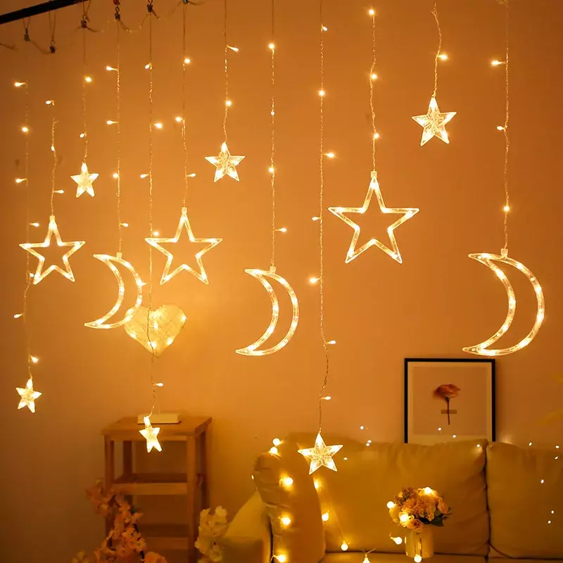 Guirnalda de luces LED de 3,5 M, cadena de luces de cortina, estrella, Luna, Hada, estrella, Navidad, vacaciones románticas, fiesta de jardín, decoración de boda