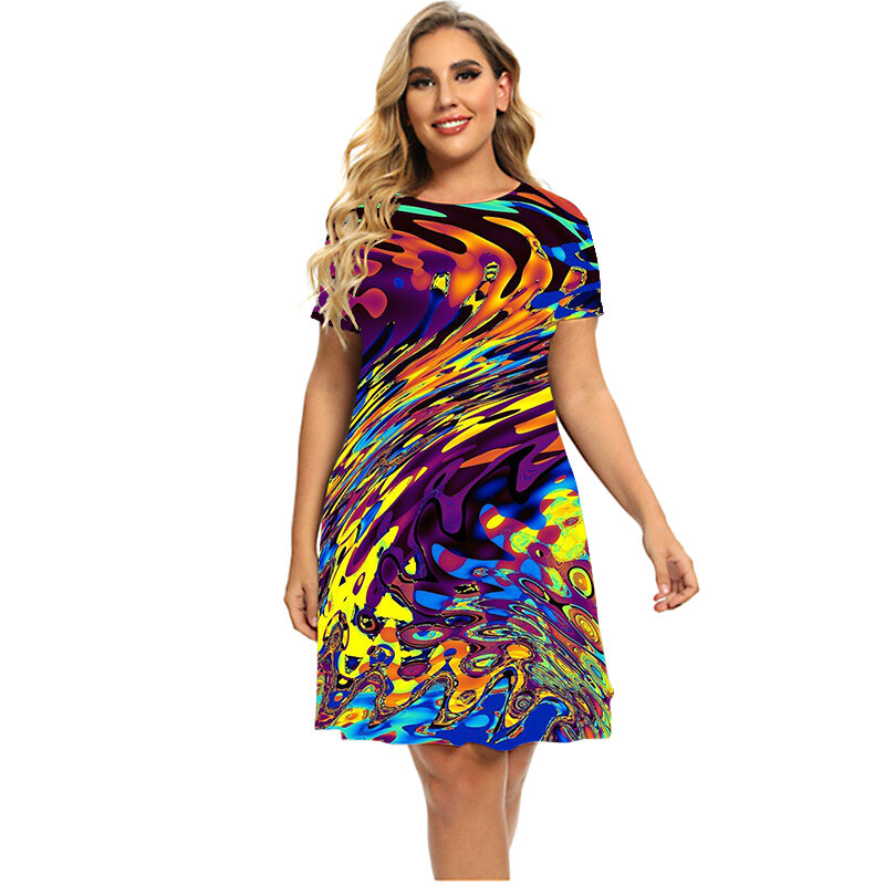 Summer Fashion Women's Dresses For 2023 New Colorful Tie Dye 3D Abstract Dress Short Sleeve Round Neck Loose Clothing Plus Size