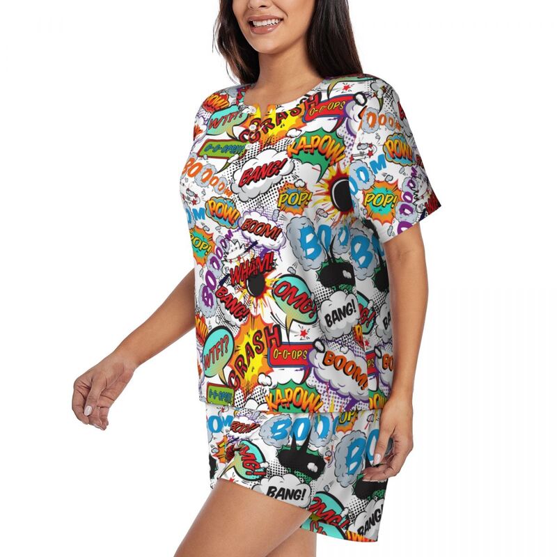 Custom Superhero Comic Book Fun Shout Outs Pop Art Cartoon Pajamas Set 2-Piece Short Sleeve Sleepwear Loungewear PJS Shorts Sets