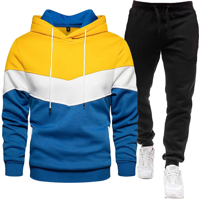 Set hoodie olahraga pria, setelan hoodie dan celana olahraga 3 warna blok musim gugur dan musim dingin 2024