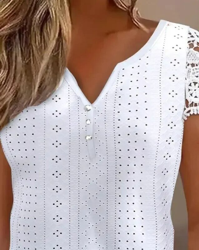 T-Shirt for Women 2024 Summer Fashion Eyelet Embroidery Lace Patch Buttoned Casual V-Neck Short Sleeve Plain Daily Y2K White Top