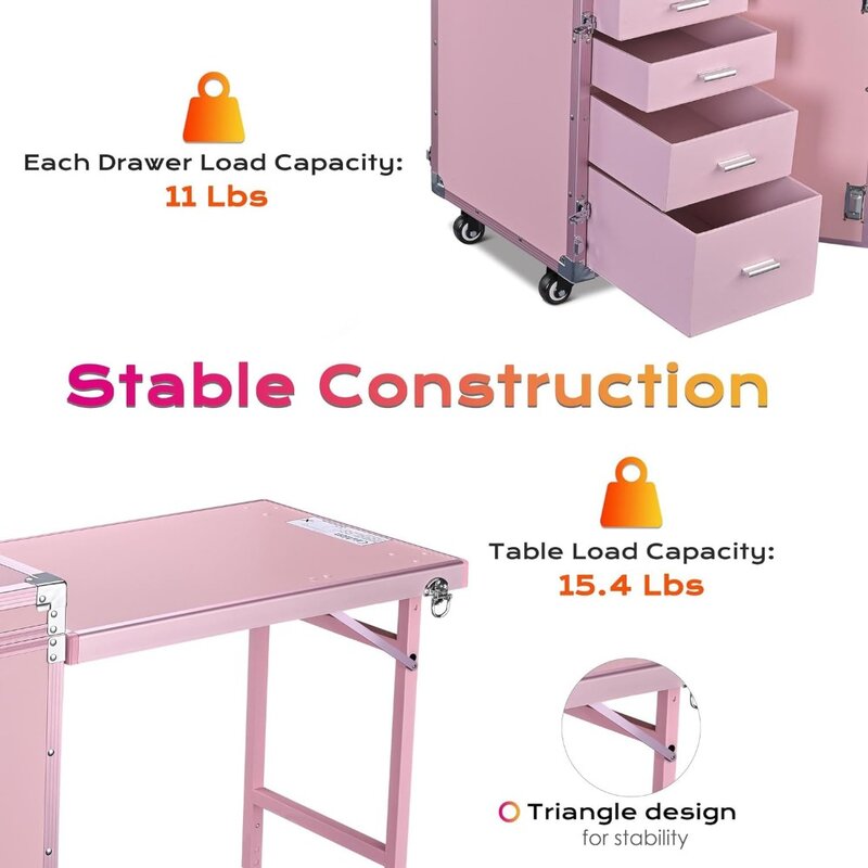 Rolling Manicure Table Foldable Nail Table Makeup Train Case with Desk Cosmetic Trolley Travel Storage Organizer with Speaker