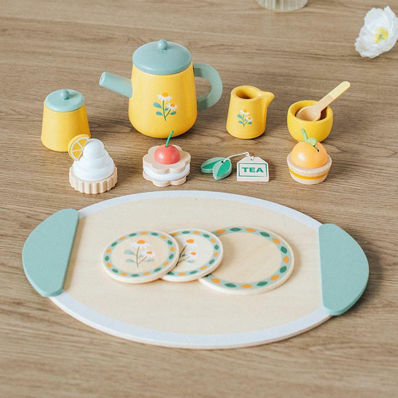 Wooden Afternoon Tea Set Toy Pretend Play Food Learning Role Play Game Early Educational Toys for Toddlers Girls Boys Kids Gifts