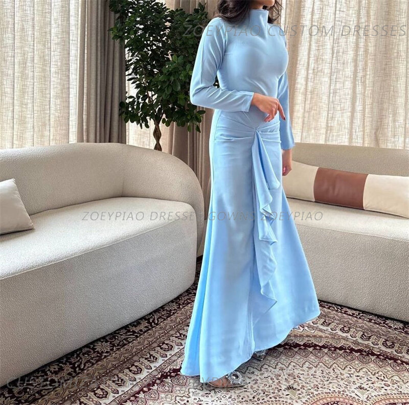 Vintage Sky Blue Mermaid Evening Dresses 2024 High Neck Long Satin Prom Dress Arabic Custom Formal Gowns Celebrity Dress
