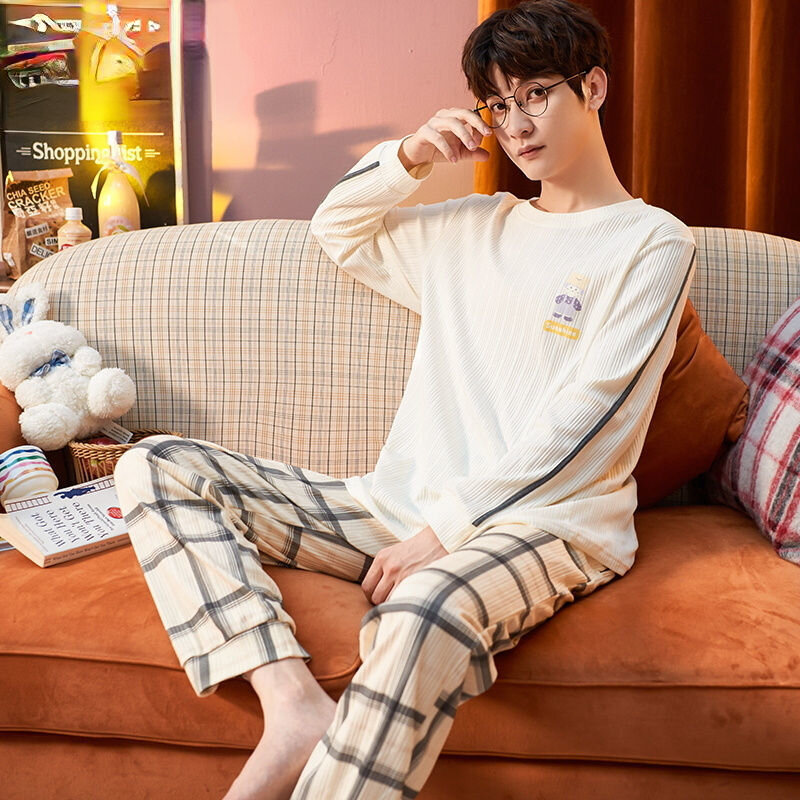 Pyjamas Men Cotton Pajama Sets Long Sleeve Long Pants Sleepwear Pullover Homewear Sets Korean Fashion Loose Casual Nightwear