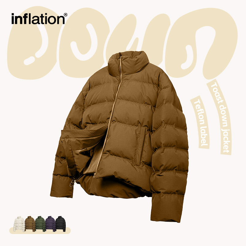 INFLATION 남녀공용 방풍 크롭 퍼퍼 재킷, 두꺼운 짧은 스타일, 70% 화이트 덕 다운 재킷, 남성 아우터, 단색, 겨울