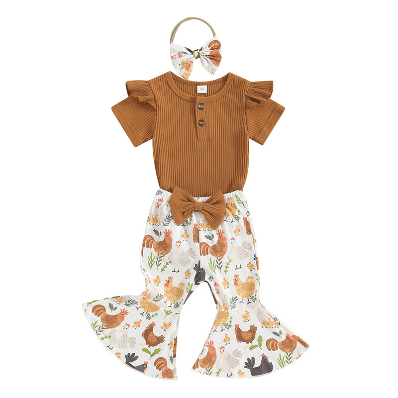 Newborn Baby Girls Short Sleeve Romper Flare Pants Headband Set 3Pcs Infant Summer Clothes