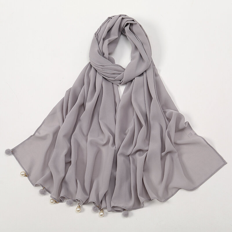 Bufanda de chifón para mujer, largo y suave de Color sólido Hijab musulmán, chal con cuentas de perlas, Hijabs con borlas