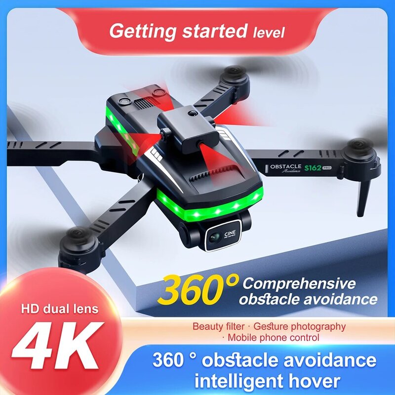 HD 4K Dual Camera Drone, S162, 360 °, Evitar Obstáculos Inteligente, Cinto de Luz Piscando Completo, Queda, Resistência à Colisão, Quadcopte