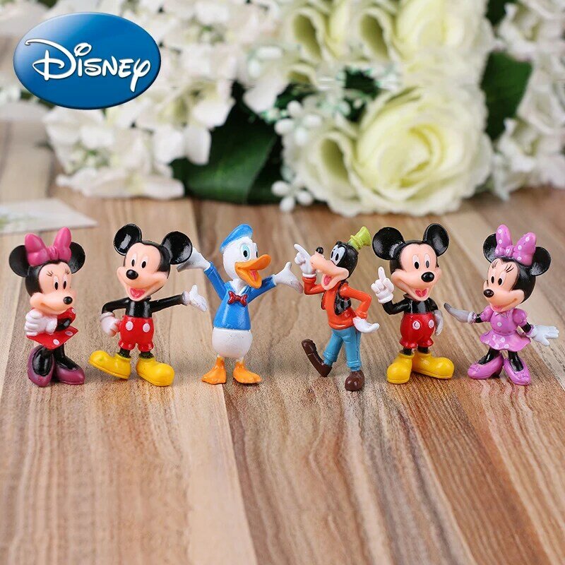 Disney-Mickey Mouse e Minnie Mouse Figuras de PVC para Crianças, Decoração de Bolo de Aniversário, Brinquedos Anime, Conjunto 6Pc