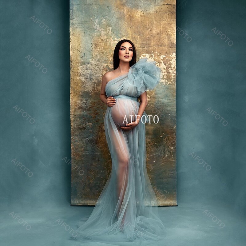 Sukienka ciążowa sesja zdjęciowa na jedno ramię tiulowa seksowna fotografia kobiet w ciąży sukienka z wysokim rozciętem, długa suknia z siateczką z falbanami