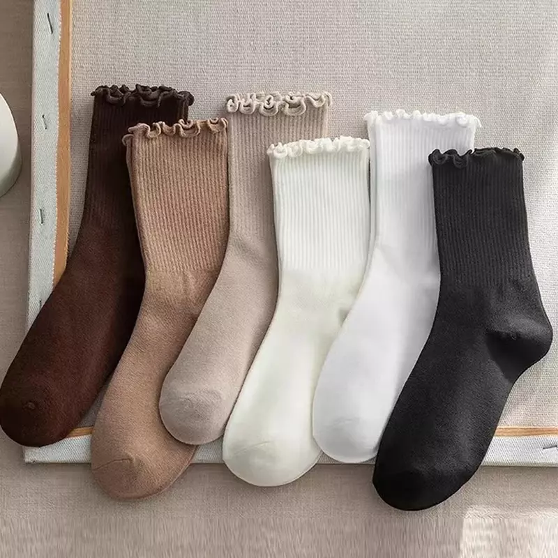 1/6 Pairs/Lot Women's Ruffled Mid Length Socks Breathable Solid Color Set Spring And Autumn Comfort Sweat-absorbing Girls' Socks