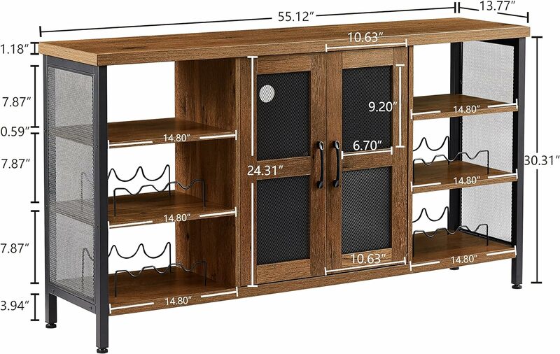 Wine Bar Cabinet for Liquor and Glasses, Sideboard Buffet Cabinet, Metal Stemware Holder, Brown Oak