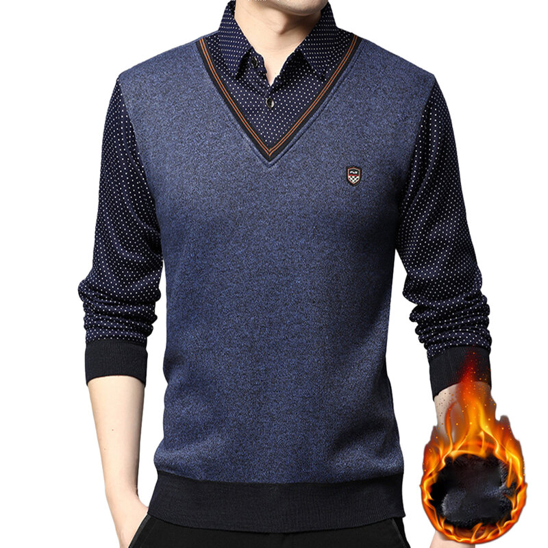 Camisa masculina de colarinho de negócios, falsa duas peças, manter quente, manga longa, roupa exterior, tops masculinos elegantes, outono, inverno, novo