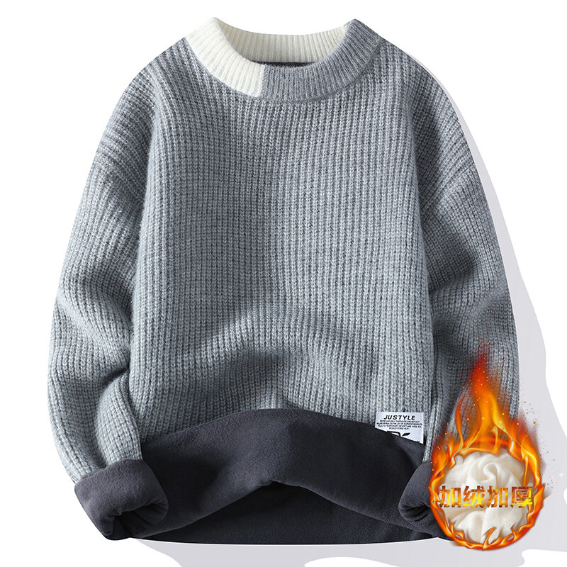 Wool Sweater Men's Thicken Warm Wool Round Neck Tops Autumn Winter New Soft Warm Casual Solid Color Knitted Pullover