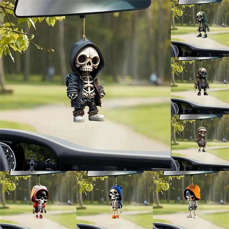 Acrílico esqueleto Swing carro ornamento, decoração do Dia Das Bruxas, pendurado decoração retrovisor, pingente esqueleto assustador