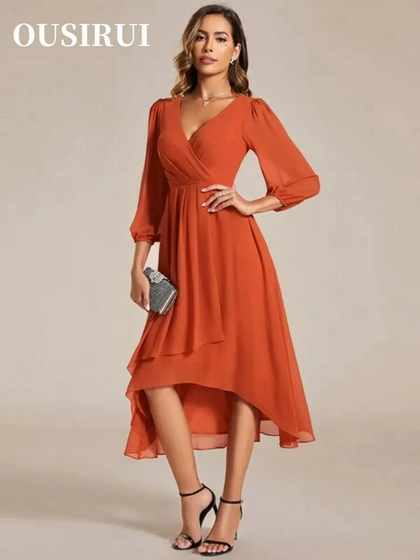 Ourirui rękawy plisowane falbany do kolan 2024 szyfonowa spalona pomarańczowa sukienka druhna proste suknie wieczorowe dekolt w serek długie
