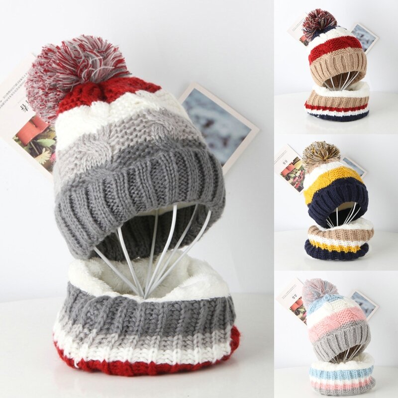 Вязаная полосатая шапка с черепом для мальчиков и девочек для холодного снега и круглый шарф с флисовой подкладкой