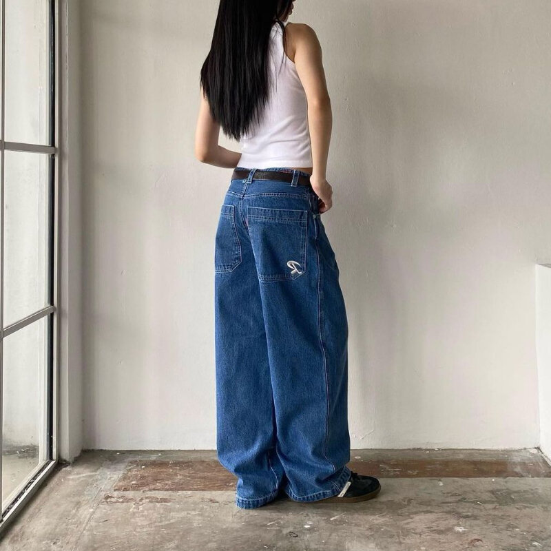 Houzhou กางเกงยีนส์แบ็กกี้ Y2k สำหรับผู้หญิง, กางเกงยีนส์ขาบานปักกางเกงยีนส์โอเวอร์ไซส์สไตล์เกาหลีลำลองทรงหลวมแนวสตรีทสูง