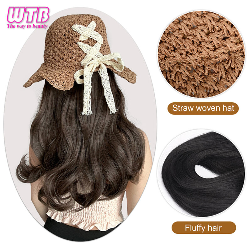 Synthetic hats and wigs with long wavy hair linen woven straw hats and summer beach hats shade breathable long curly hair wigs