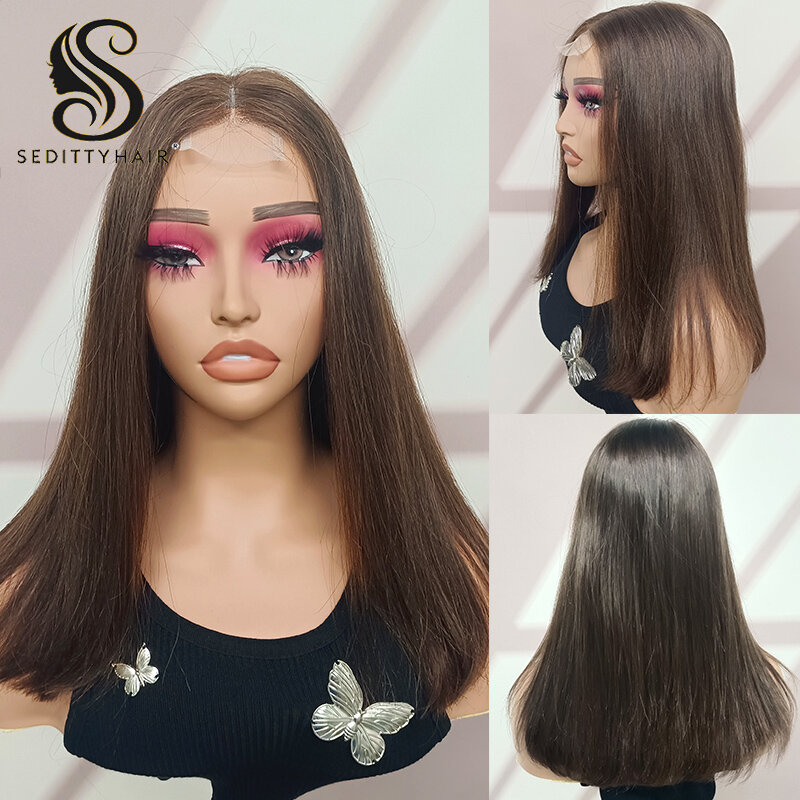 8-16 Inches Double Drawn Bob Wig 2x6 Lace Frontal Straight Human Hair Wig Preplucked Chocolate Brown Brazilian Hair Short Wig
