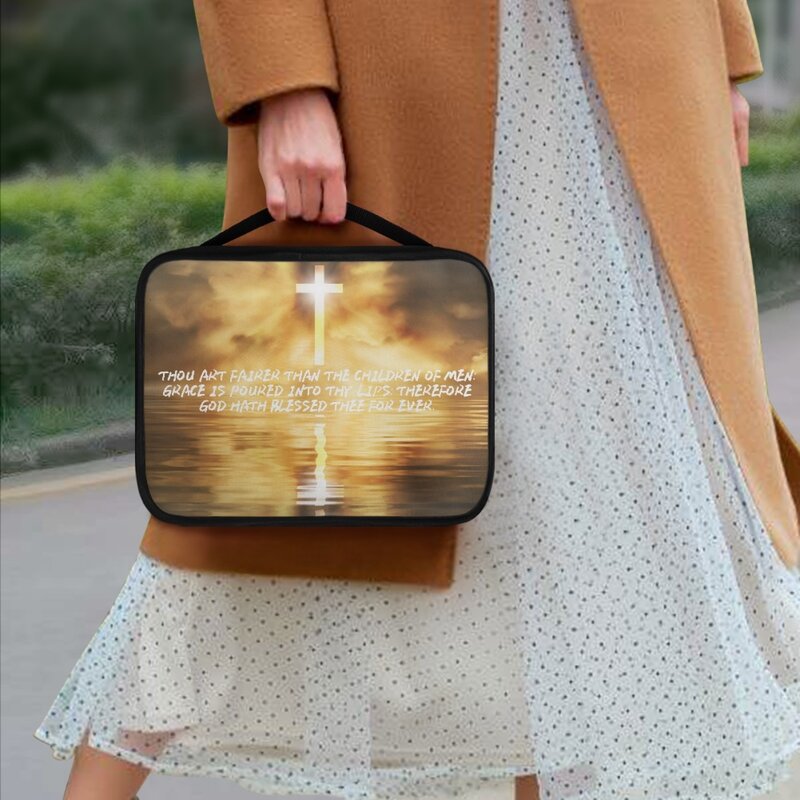 Classic Fashion Style Cross Lake Reflected Print Design Bible Scriptures Church Gathering Women's Handle Zipper Pocket Handbag