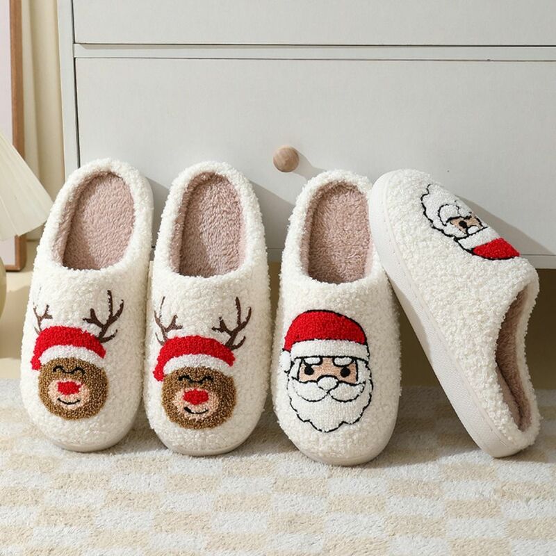 Sandal Natal musim dingin yang lembut katun hangat sandal rumah lucu hadiah Natal Santa Claus Elk sepatu dalam ruangan rumah