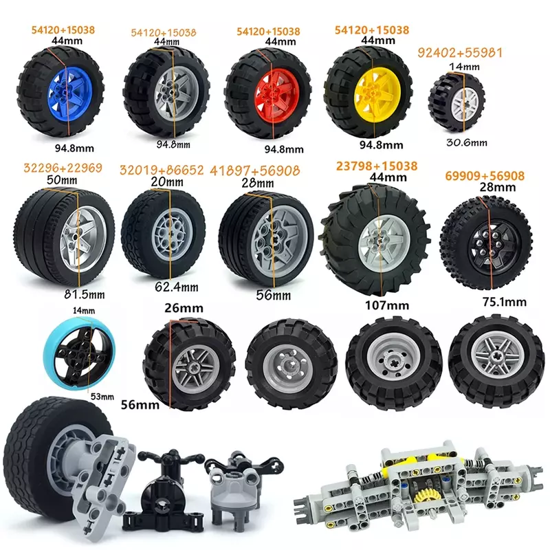 MOC-cubo de rueda de neumático técnico, piezas de bloques de construcción compatibles con piezas de tecnología, DIY, coche, camión, 44309, 92402, 32019 + 86652