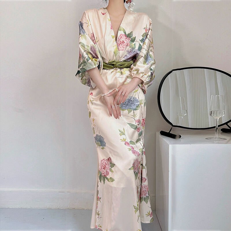 Abito Vintage stampato per donna 2023 estate raso lucido scollo a V Harajuku abiti da donna abiti manica a sbuffo abbigliamento floreale