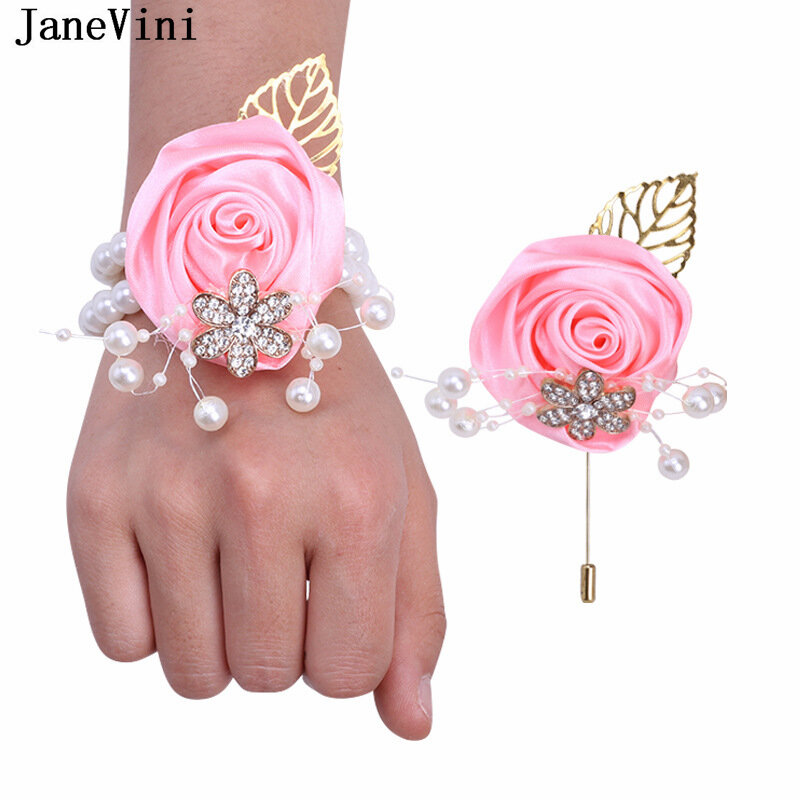 JaneVini zroszony różowy kwiaty na nadgarstek dla panna młoda druhna bransoletka perłowa dla nowożeńców siostry stanik Party gości opaski