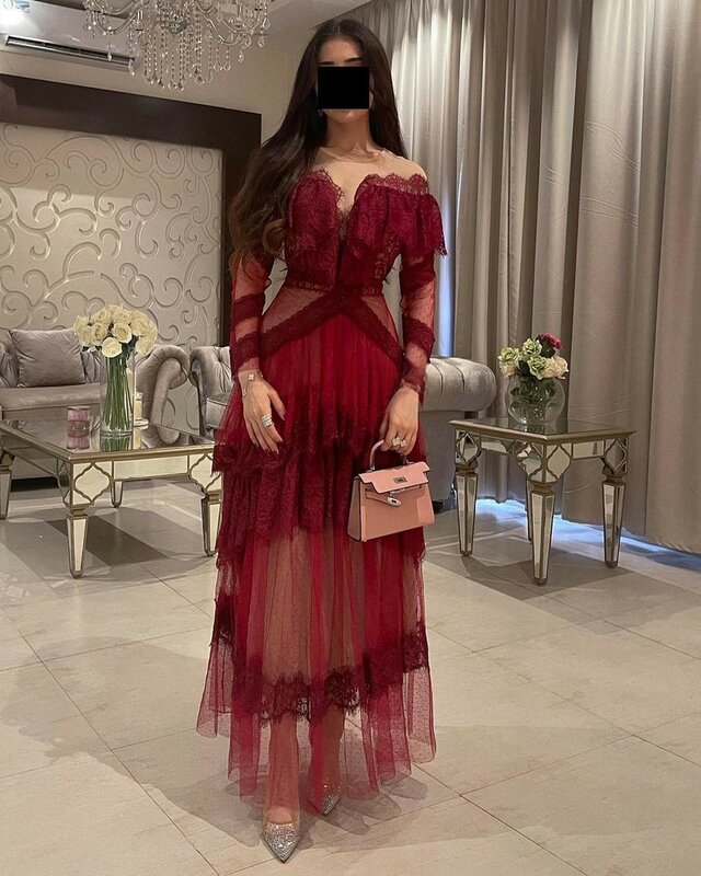 Koendye daudi Ballkleider lange Ärmel Spitze Tüll abgestufte Burgunder Party Saudi-Arabien Frauen tragen spezielle Bankett Abendkleider