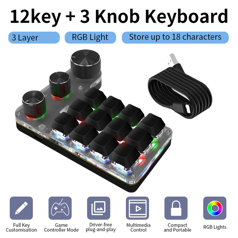 Ammtoo Keyboard kustom makro pemrograman, tombol 12 tombol 3 tombol RGB 18 karakter satu tombol kata sandi Salin tombol mekanis Hotswap