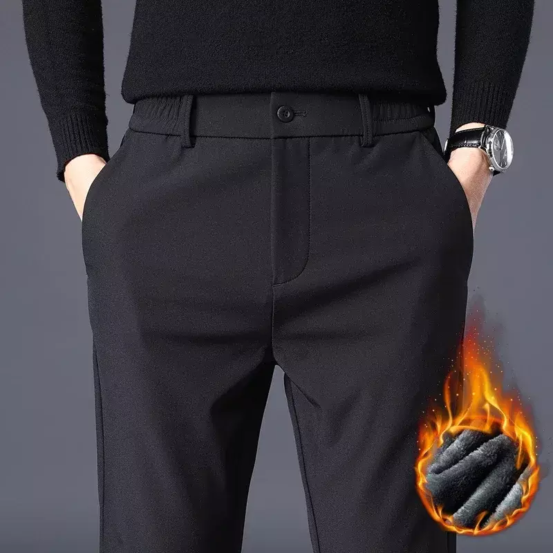 Autumn Winter Pants Men Thicken Fleece Lined Warm Elastic Waist Outdoor Sweatpants Fashion Slim Grey Suit Trousers Male