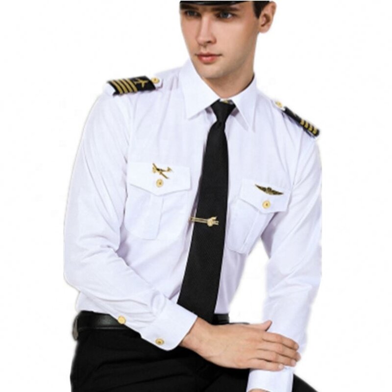 Pakaian Air Force kemeja putih pria, seragam pramugari pilot klub malam pria