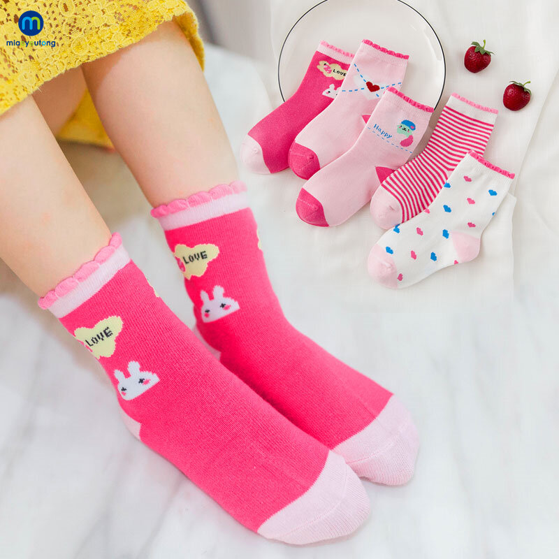 Miaoyoutong-Calcetines de punto de conejo rosa para niños, medias suaves de algodón para bebé, Calcetines cálidos para recién nacidos, 5 pares por lote
