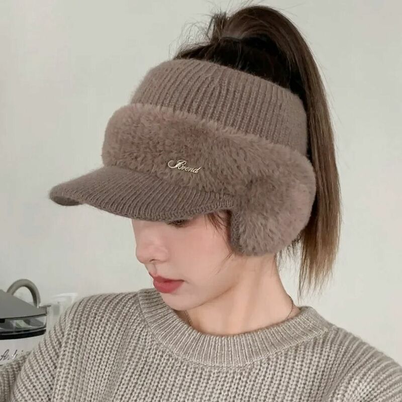Ear Protection Winter Hats Fashion Warm Outdoor Sport Ponytail Hat Visor Winter Windproof Knitted Fleece Hat Women