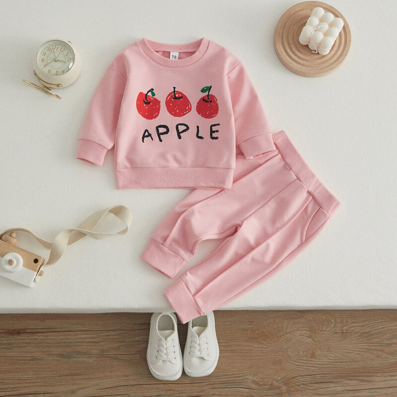 VISgogo Infant Baby Girls Clothes Outfits Letter Animal Head/Apple Print Round Neck Long Sleeve Tops + Elastic Waist Long Pants