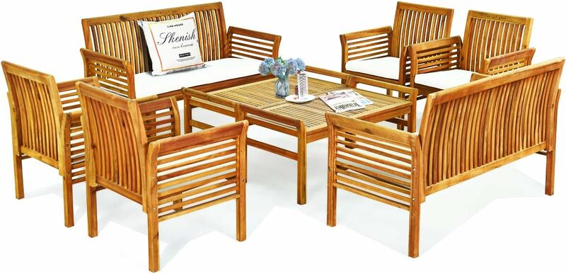 Set di divani da esterno in legno di Acacia con cuscini resistenti all'acqua, Set di sedie da tavolo per conversazione con Patio imbottito con tavolino da caffè per giardino