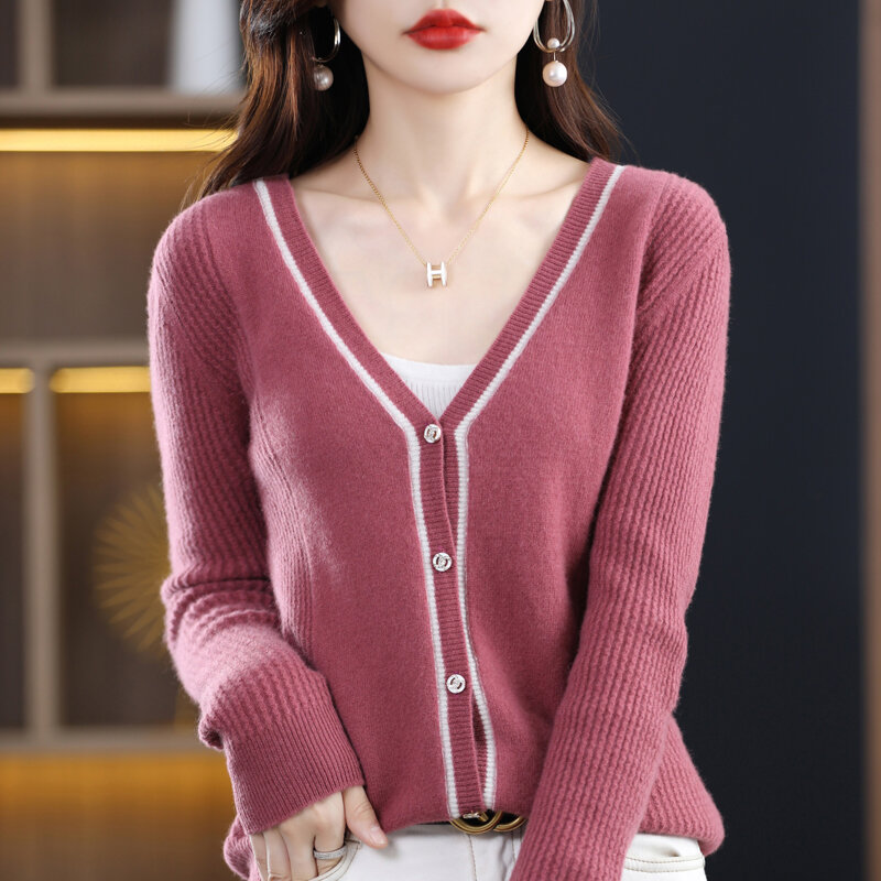Autumn and winter new high-end color matching loose long-sleeved cardigan 100% pure sweater women's V-neck sweater coat