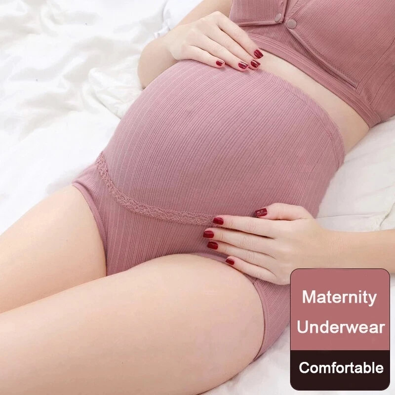 Bragas de maternidad de algodón para mujer, bragas de cintura alta para embarazadas, soporte ajustable para el vientre, bragas de encaje de Color sólido