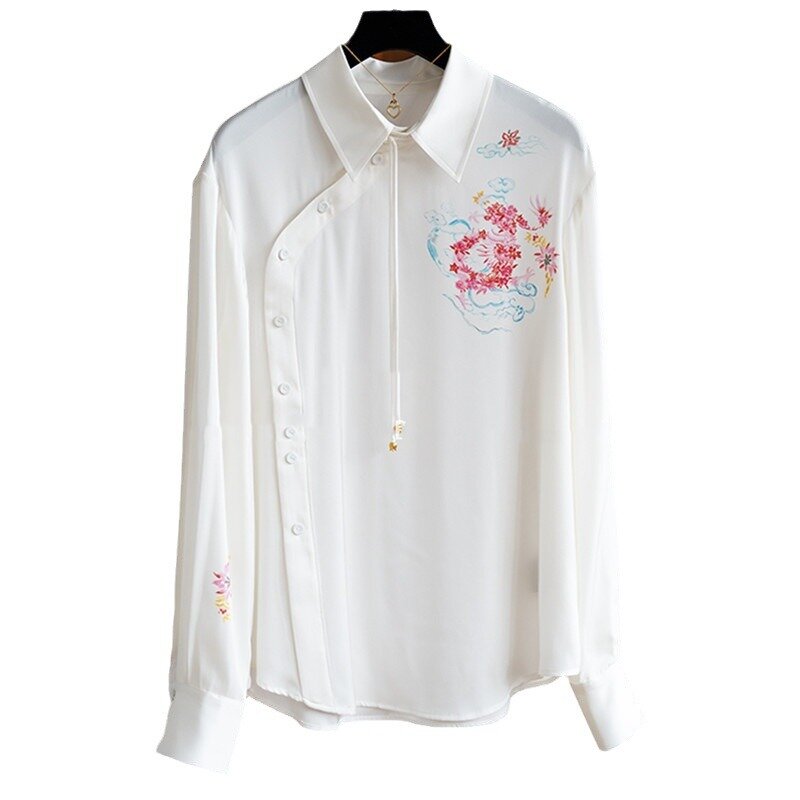 Высококачественная шелковая уникальная рубашка в китайском стиле с косым воротником и принтом, рубашка из шелка тутового шелкопряда на пуговицах, платья, ретро блузка Y2k