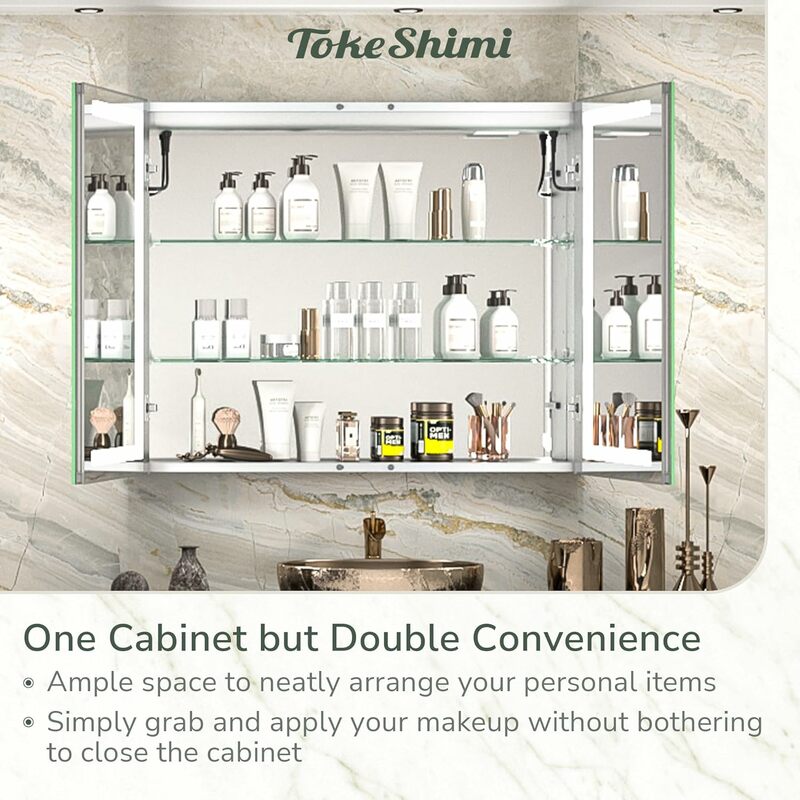TokeShimi 30x26 armadietto per medicinali illuminato per bagno con specchio e presa elettrica antiappannamento 3 ColorsTemperature dimmerabile Su
