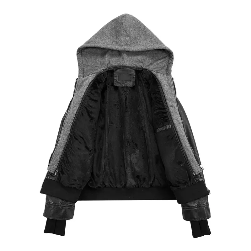 Куртка с капюшоном, верхняя одежда, облегающая женская мотоциклетная кожаная куртка Y2K с флисовой подкладкой, короткие кожаные пальто со съемным капюшоном