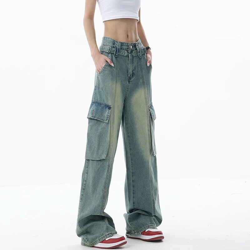 Женские прямые брюки-карго, джинсы с высокой талией, винтажные брюки, уличная одежда, женские джинсы с несколькими карманами, 2023