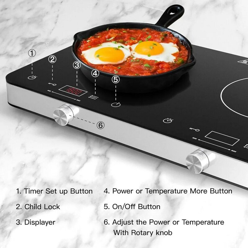 Double Induction Cooktop Burner, 1800w 2  Portable Electric Countertop Burner Touch Stove with Child Safety Lock & Timer