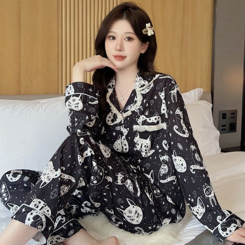 Girls Loose Nightgowns Women's Spring Summer Pajamas Set Ice Silk Thin Sleep Clothes Long Sleeve Pants Casual Home Clothing Suit